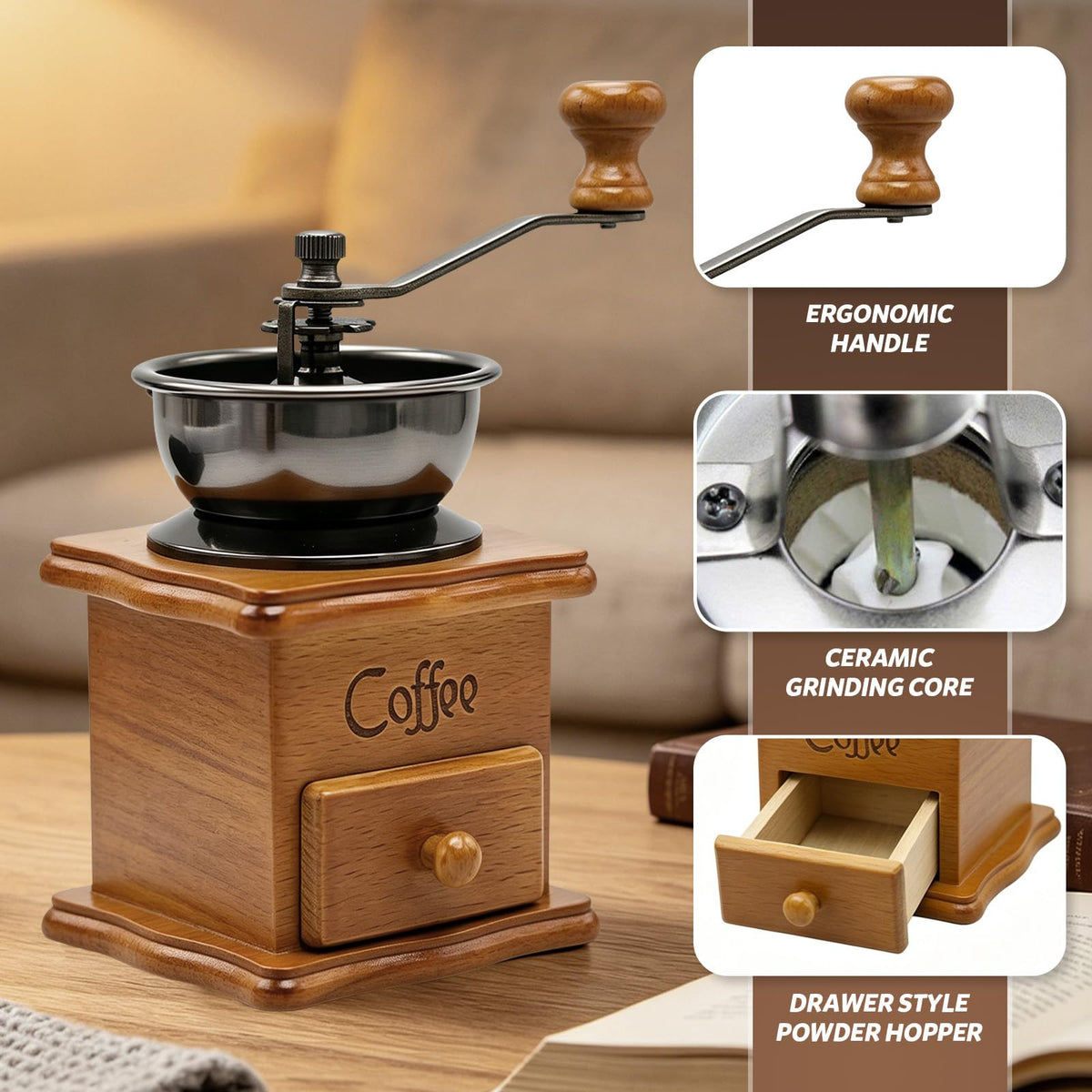 Wooden Manual Coffee Grinder with Porcelain Burr