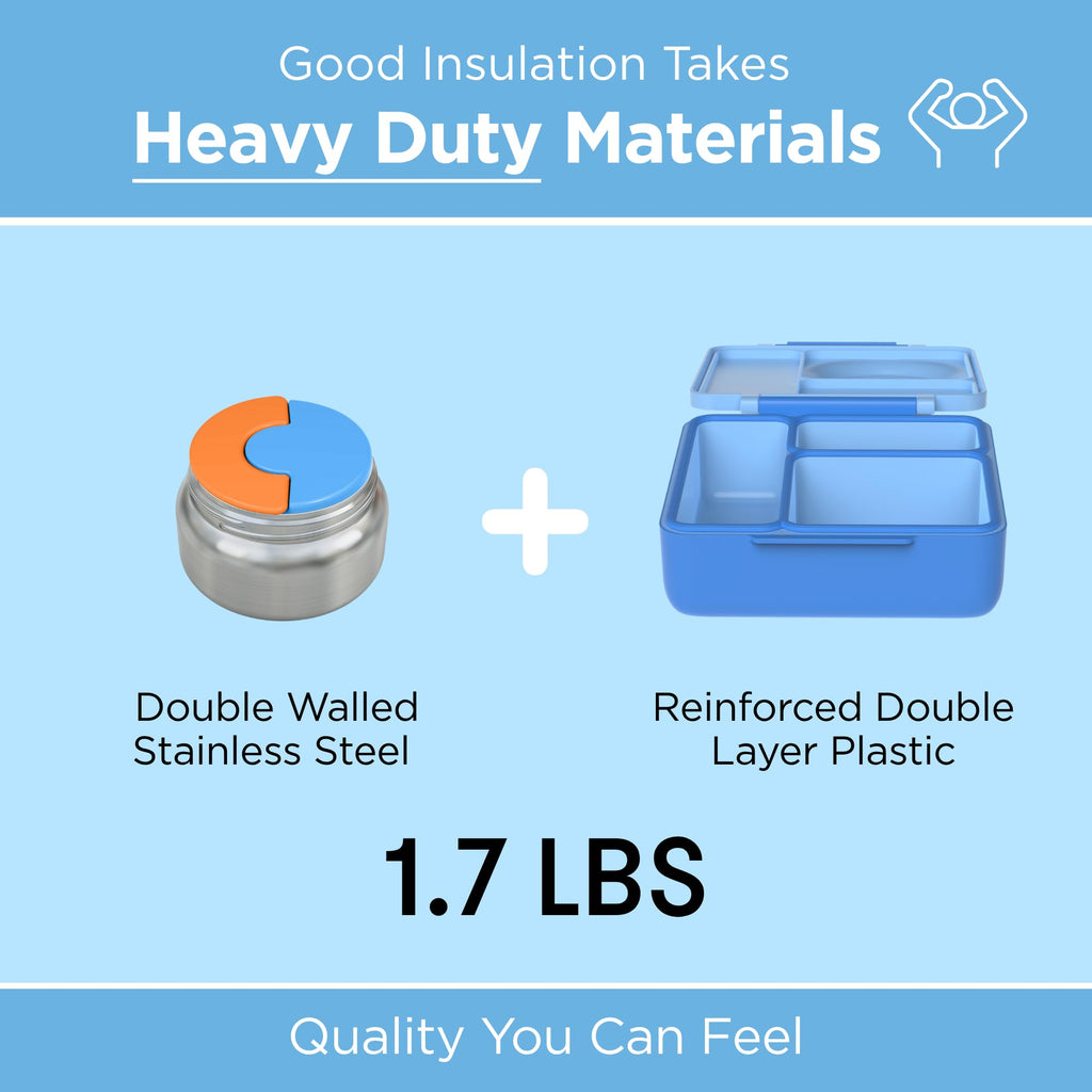 OmieBox Kids Insulated Leakproof Bento Lunch Box with Food Jar (8.5 Ounces / Blue Sky)