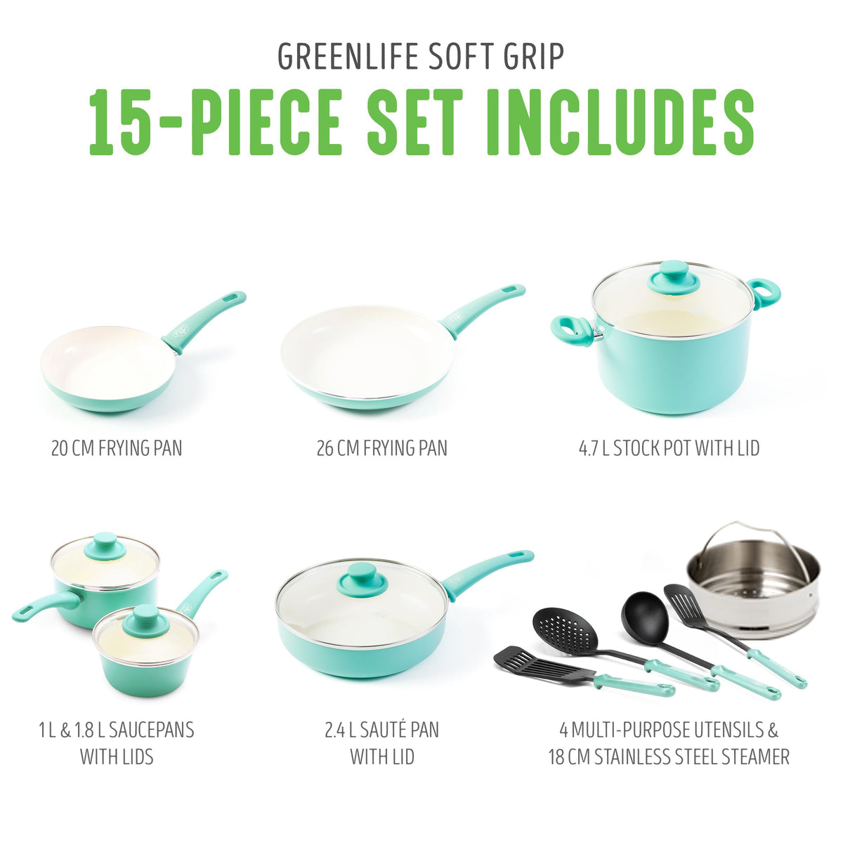 Soft Grip Healthy Ceramic Nonstick (15 Piece Cookware Set / Turquoise)