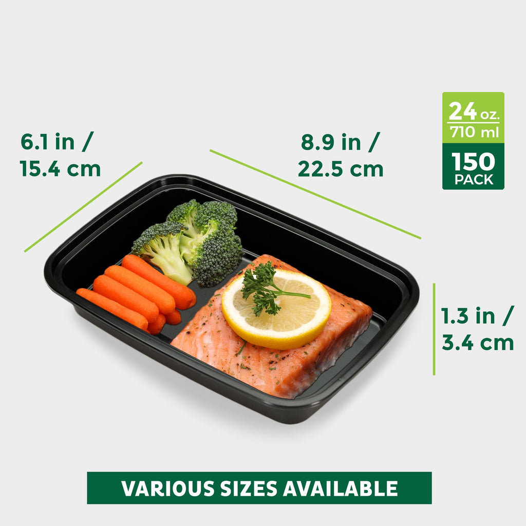 Meal Prep Containers [150 Pack] 1 Compartment Food Storage Containers with Lids (Black / 24OZ-150PK)
