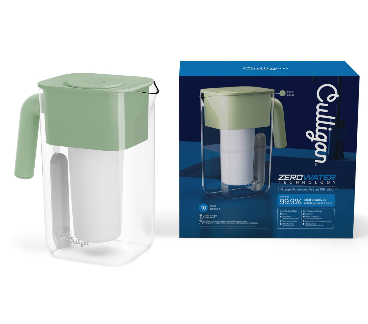ZeroWater 10 Cup Pitcher Water Filter Removes PFAS (10-Cup Sage)