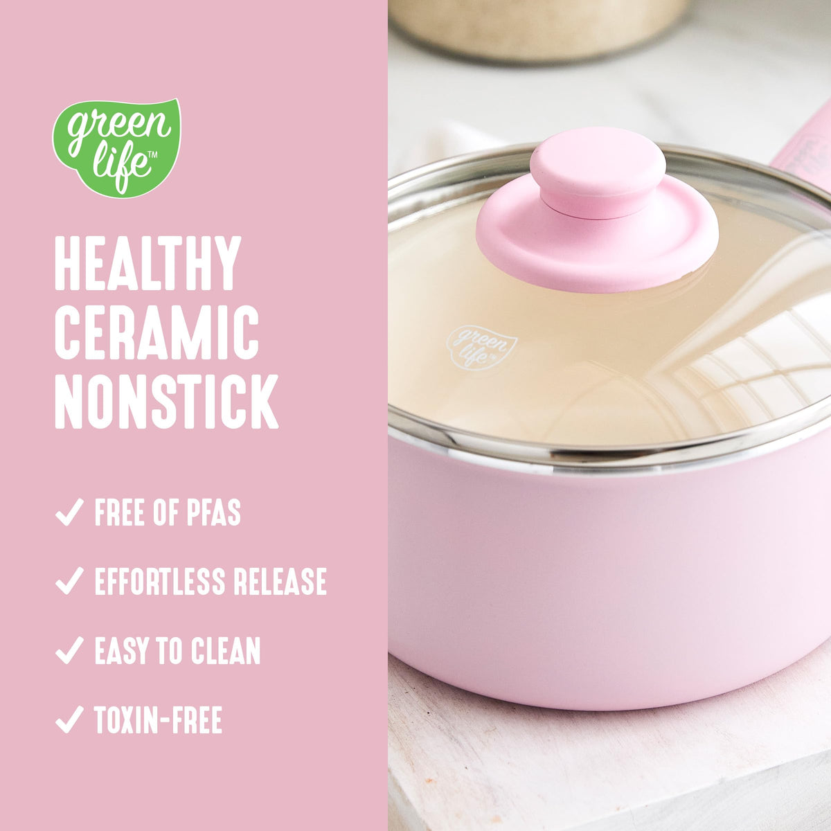 2.5QT Ceramic Nonstick Saucepan with Glass Lid (2.5 Quarts / Pink)
