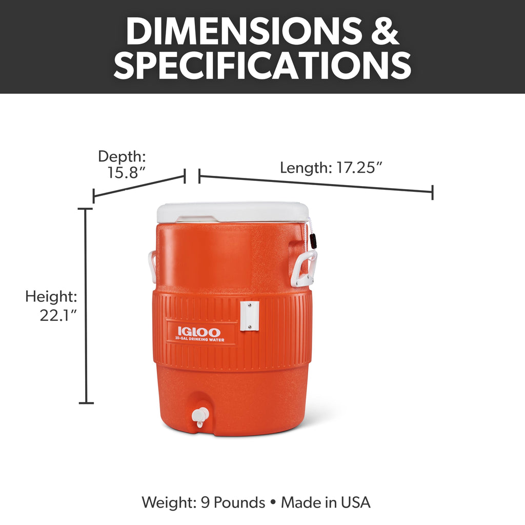 10 Gallon Portable Sports Cooler Water Beverage Dispenser with Flat Seat Lid (Orange 10 Gallon)