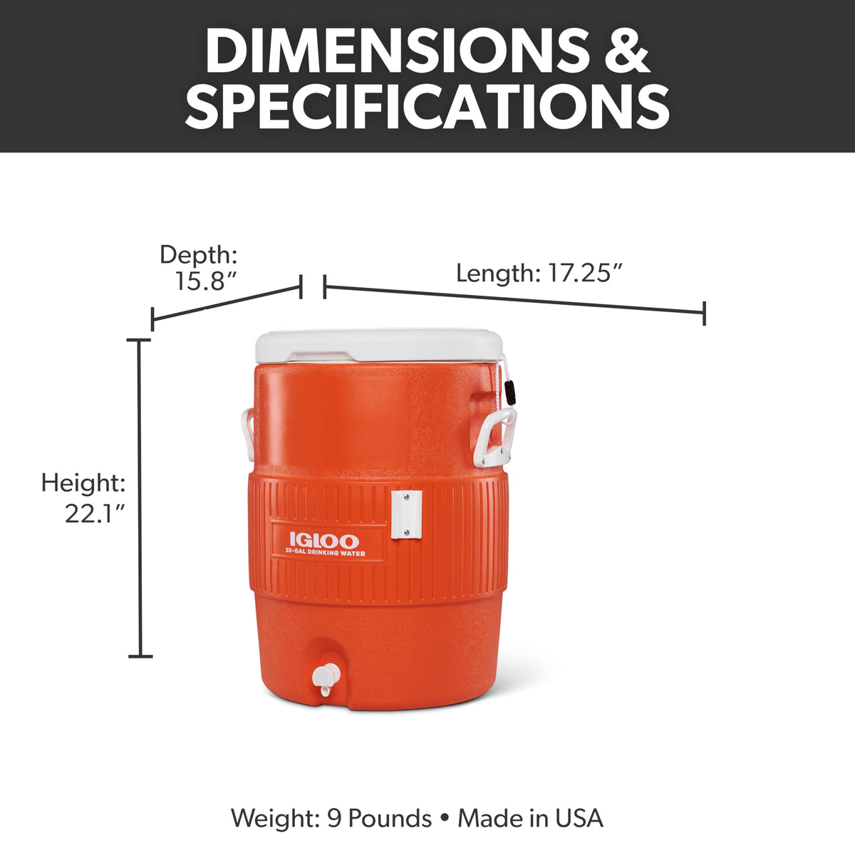 10 Gallon Portable Sports Cooler Water Beverage Dispenser with Flat Seat Lid (Orange 10 Gallon)