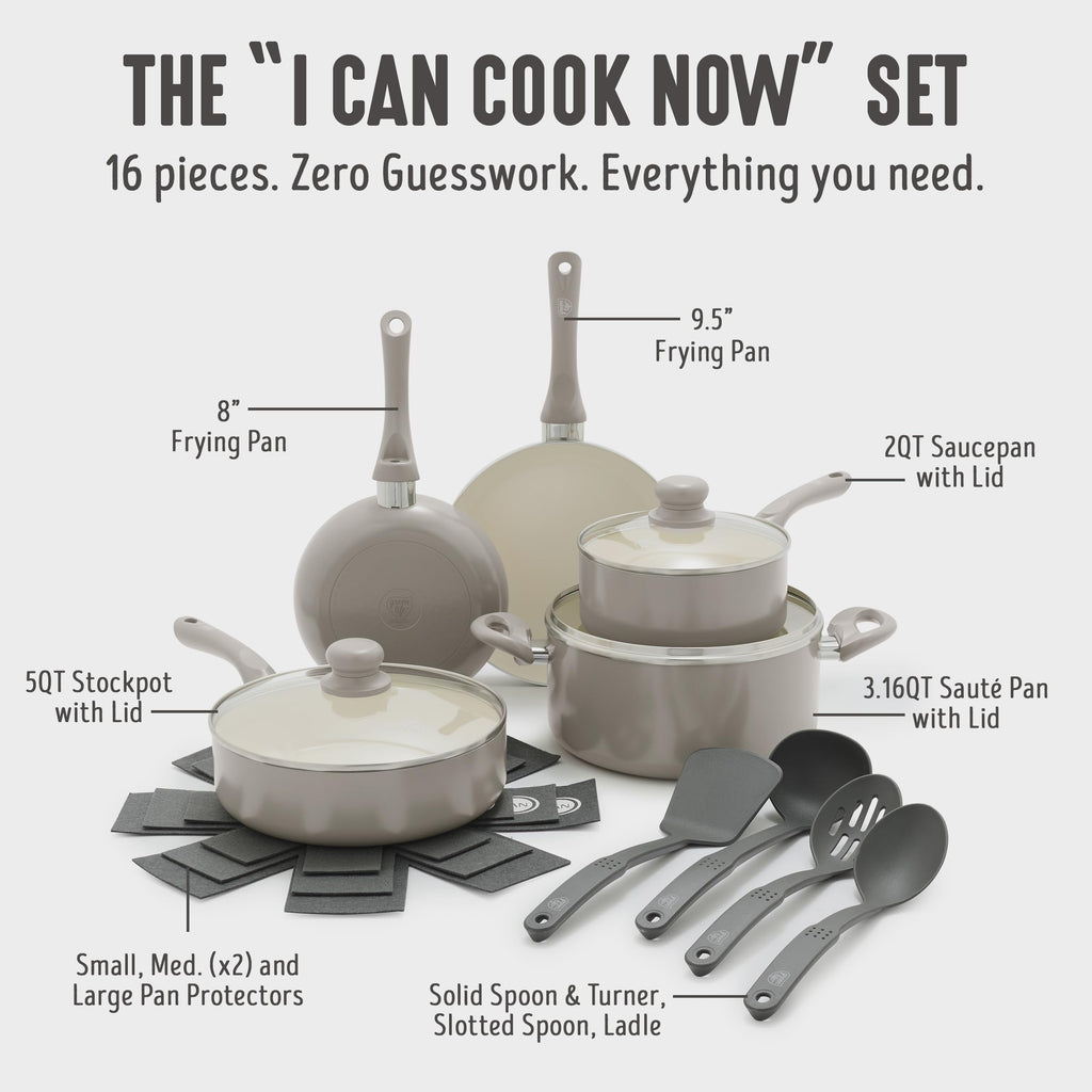 16pc Ceramic Nonstick Pots & Pans Cookware Set (16 Piece Cookware Set / Bloom / Taupe)