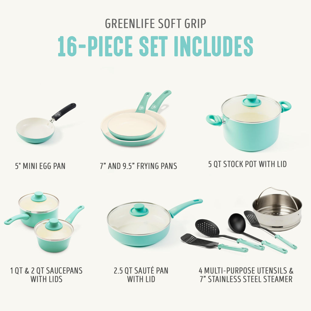 16 Piece Ceramic Nonstick Pots & Pans Cookware Set (16 Piece Cookware Set / Soft Grip / Mint Green)