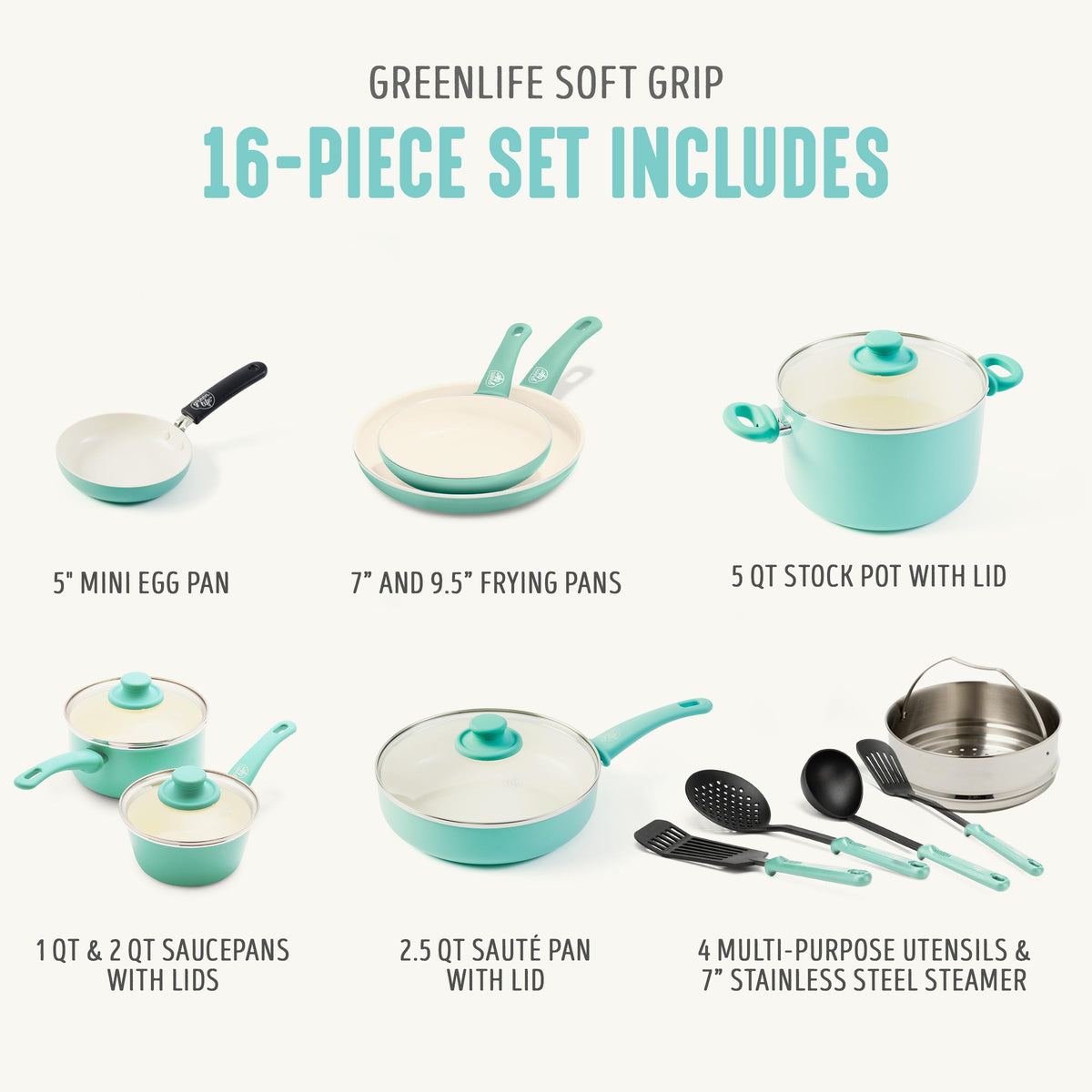 16 Piece Ceramic Nonstick Pots & Pans Cookware Set (16 Piece Cookware Set / Soft Grip / Mint Green)