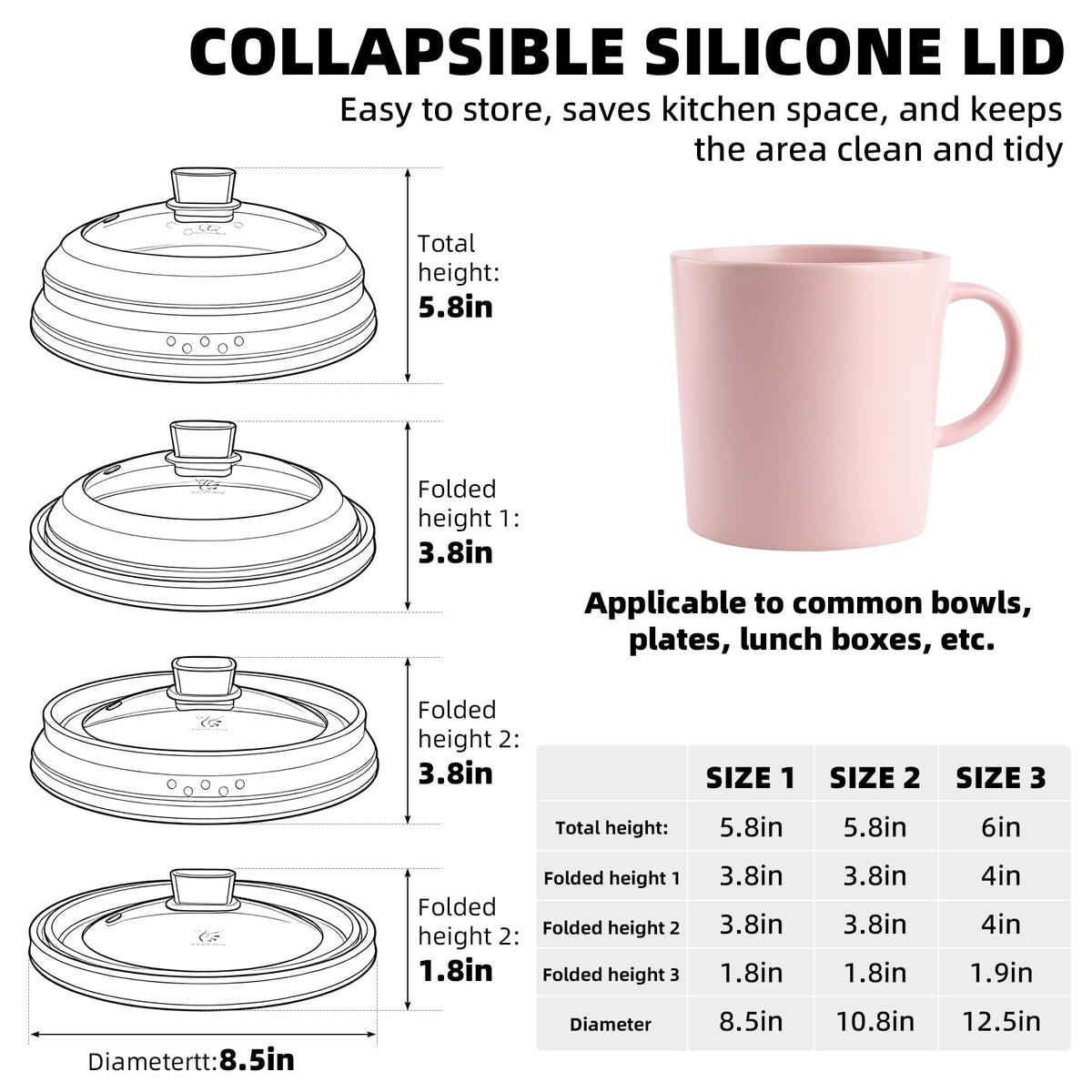 Tall Microwave Splatter Cover Glass Cover Guard Lid 5.8 inch Height with Collapsible Silicone for Food Pot Plate 8.5 inch Black (BLACK / 8.5 inch)