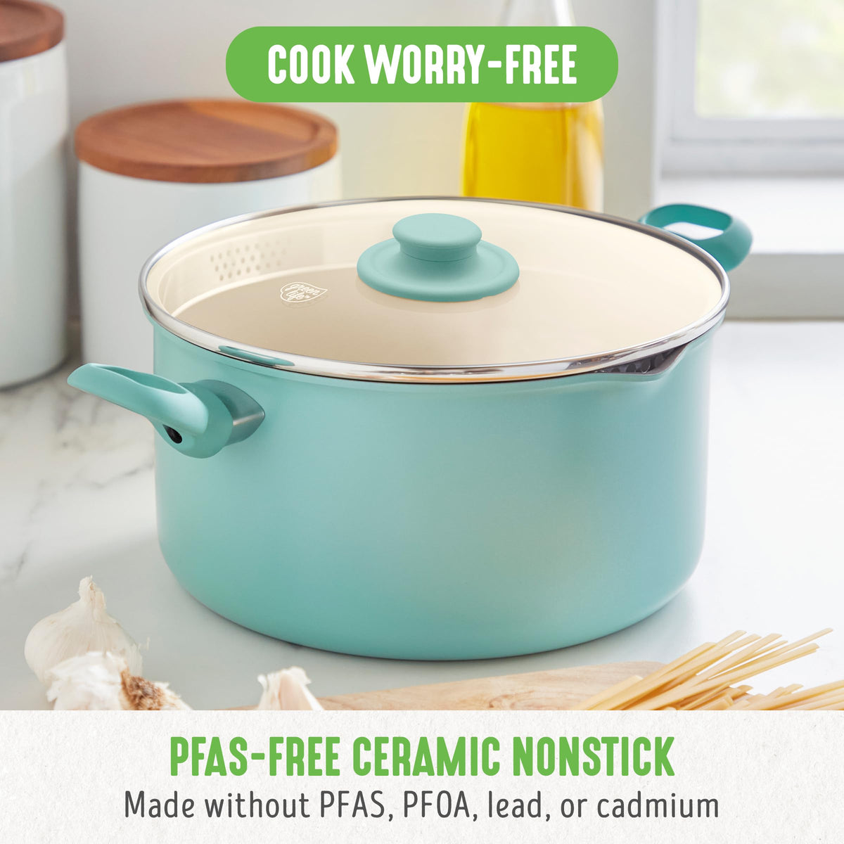 6QT Ceramic Nonstick Stockpot with Glass Straining Lid (6 Quarts / Turquoise)