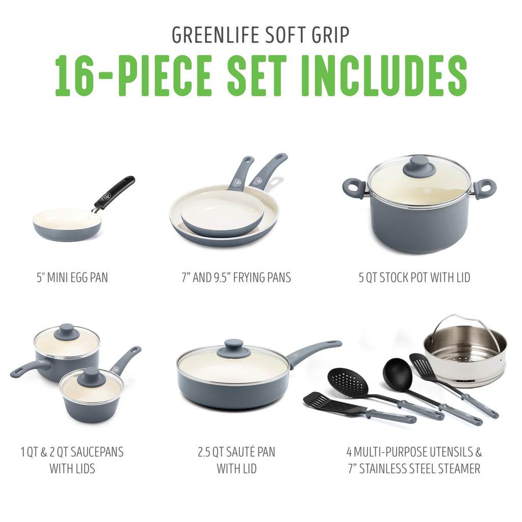 16 Piece Ceramic Nonstick Pots & Pans Cookware Set (16 Piece Cookware Set / Soft Grip / Gray)