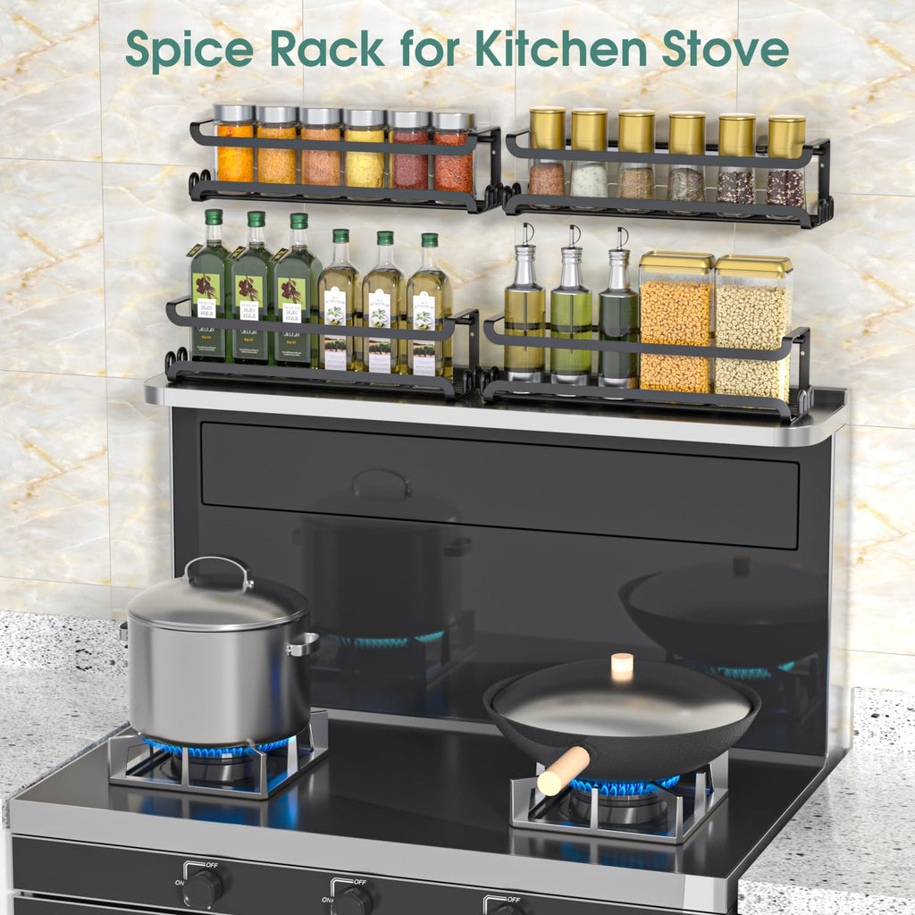 4 Pack Wall Mounted Spice Rack for Kitchen Cabinet (4 PACK / Black)