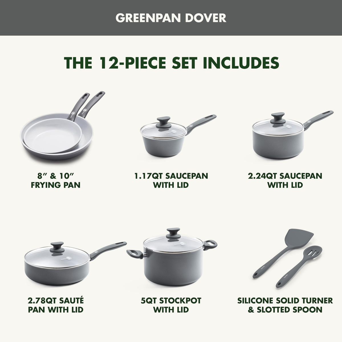 Dover Healthy Ceramic Nonstick (12 Piece Cookware Set / Gray)