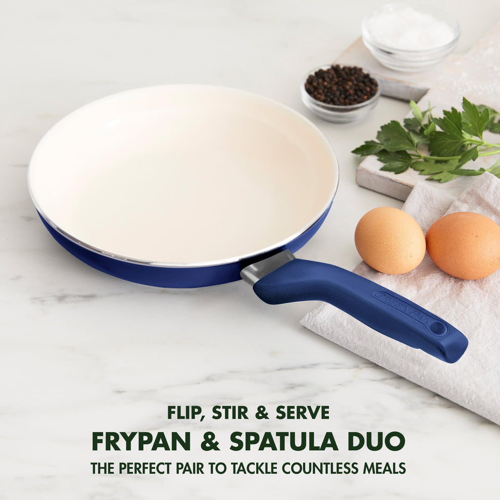 Rio Healthy Ceramic Nonstick 8" Frying Pan Skillet and Silicone Spatula Set (8" and Spatula Set / Oxford Blue)