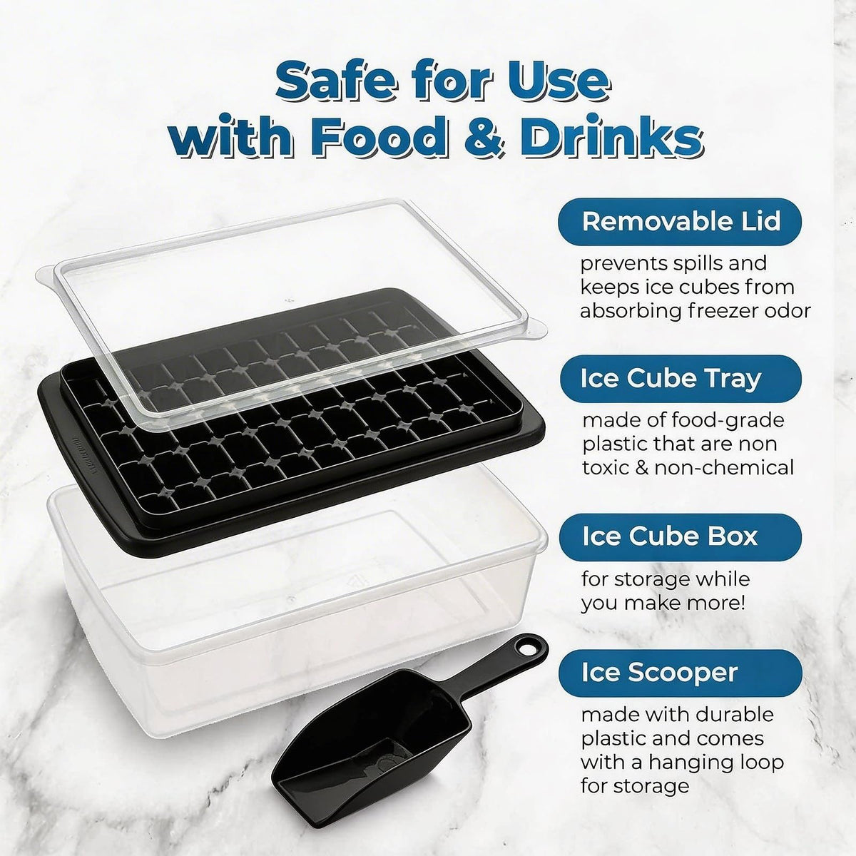 Ice Cube Tray with Lid And Bin for Freezer (Black)