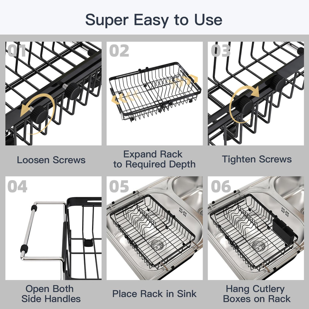 Expandable Dish Drying Rack Over The Sink with Anti Slip Grip (Black / For 13-30" W Sink)