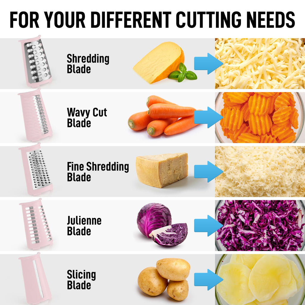 Rotary Cheese Grater Manual Hand Crank 5 Blade Shredder (5 Blades / Classic | Pink)
