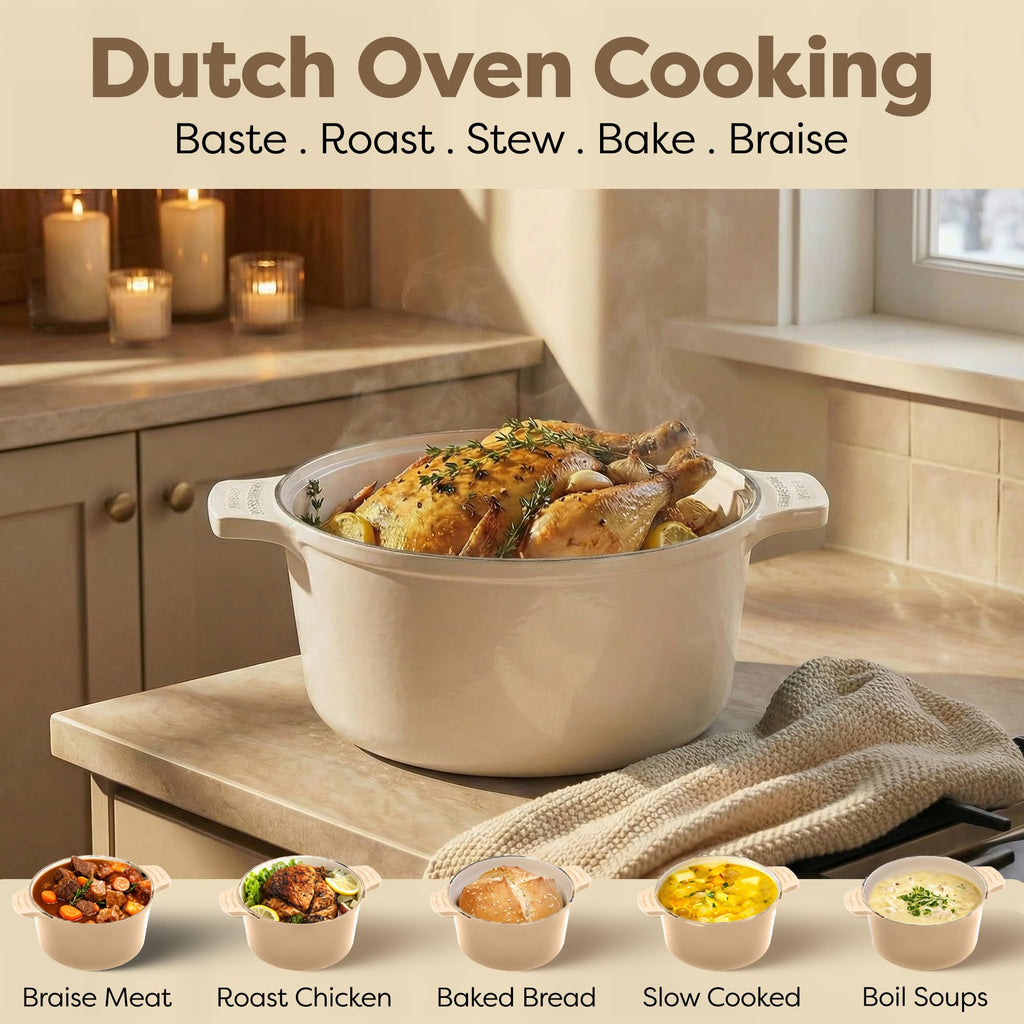 5 Qt Ceramic Dutch Oven Pot with Lid (Cream)