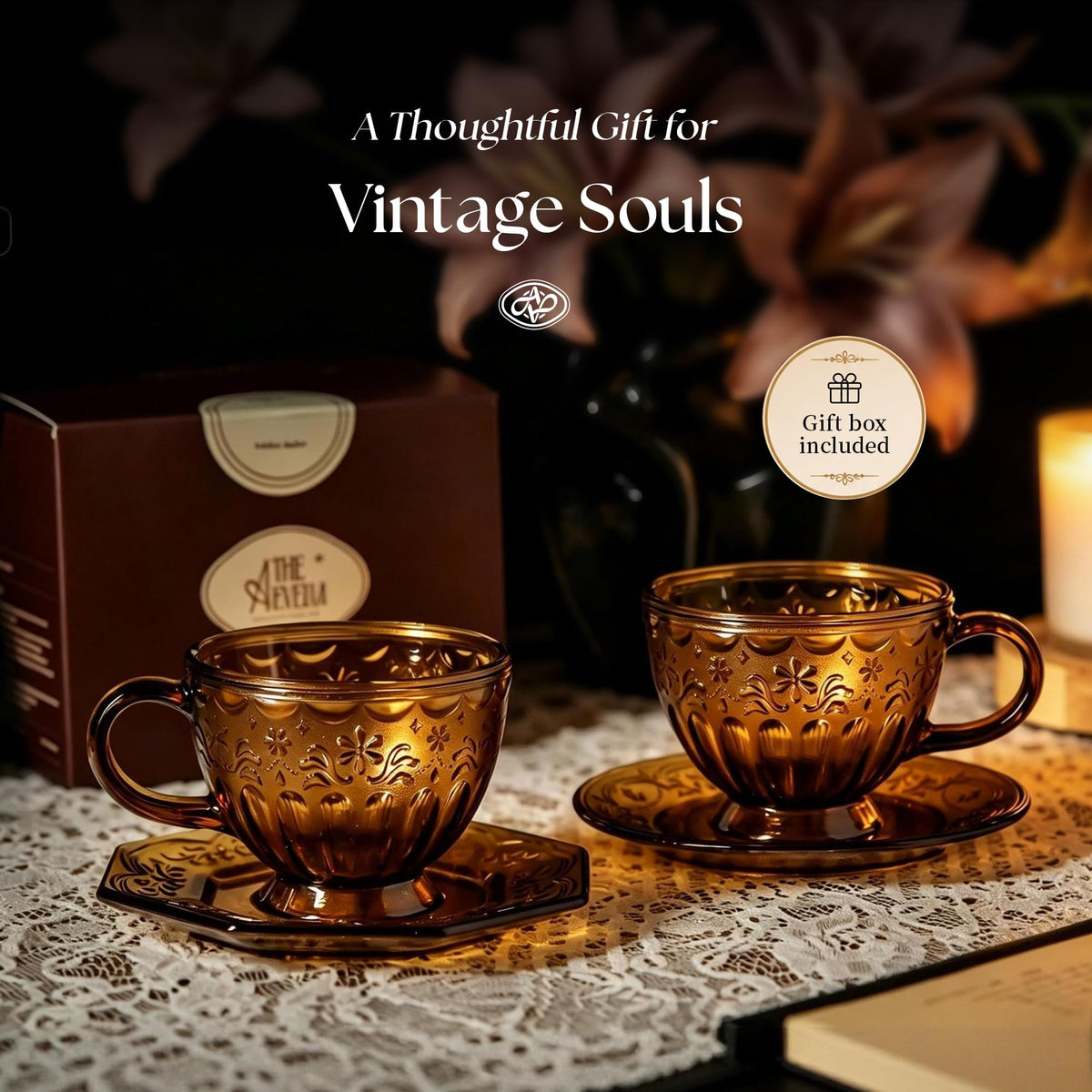 Vintage Glass Tea Cup and Saucer Set (Golden Amber)