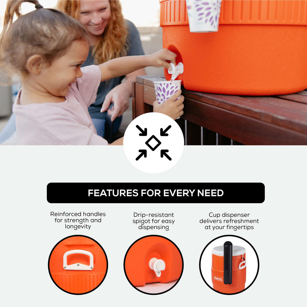 10 Gallon Portable Sports Cooler Water Beverage Dispenser with Flat Seat Lid (Orange 10 Gallon)