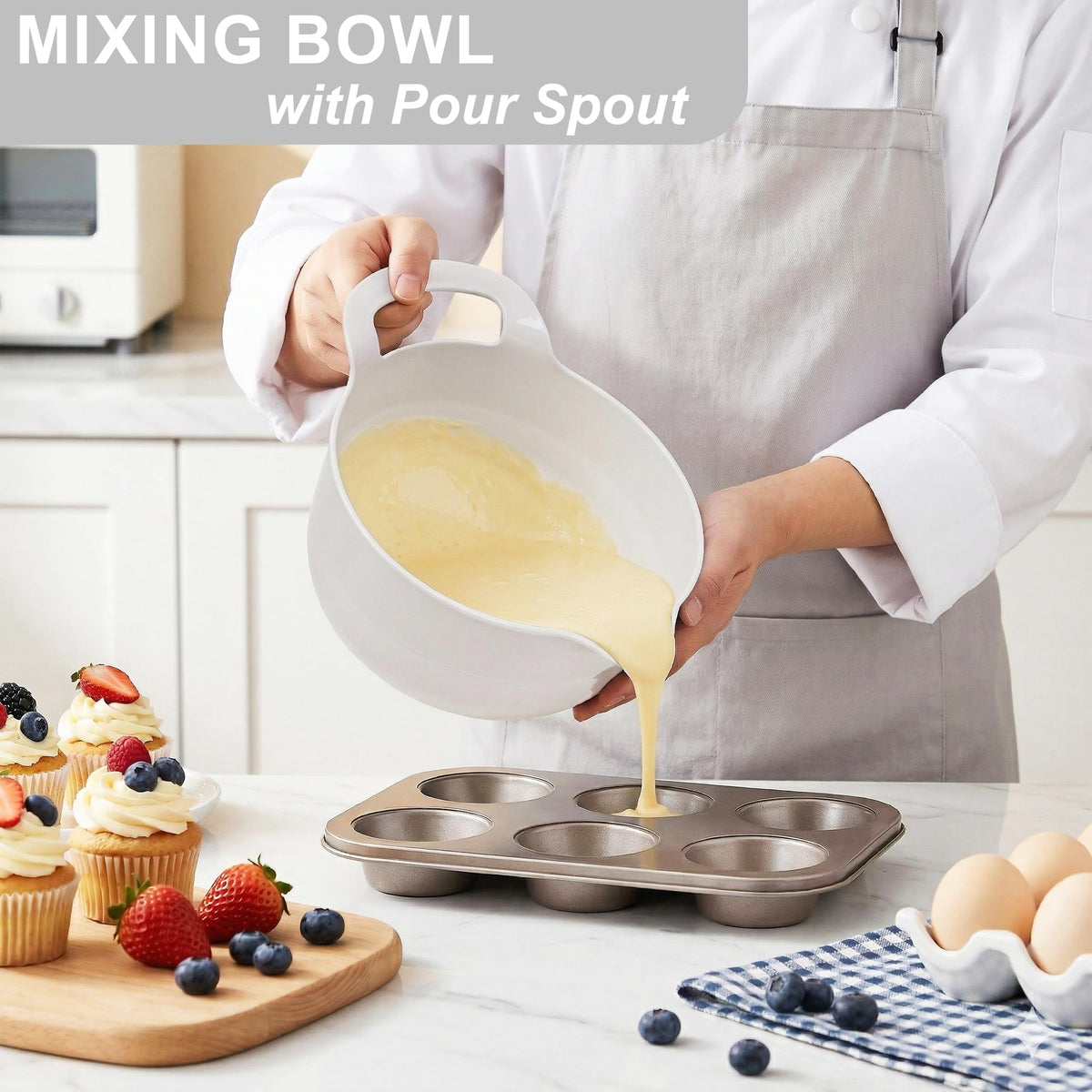 4 Pack Nesting Mixing Bowl with Pour Spout and Handle (Gray)