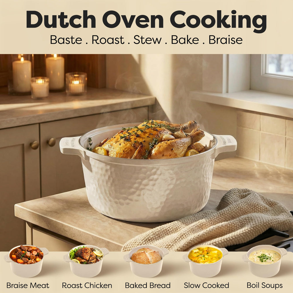 Hammered 5 Qt Lightweight Dutch Oven Pot with Lid & Holders (Hammered Cream)
