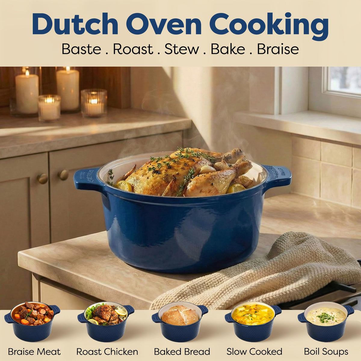 5 Qt Lightweight Dutch Oven Pot with Lid & Holders (Navy / Gray)