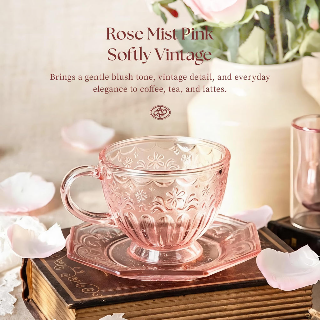 Vintage Glass Tea Cup and Saucer Set (Rose Mist)