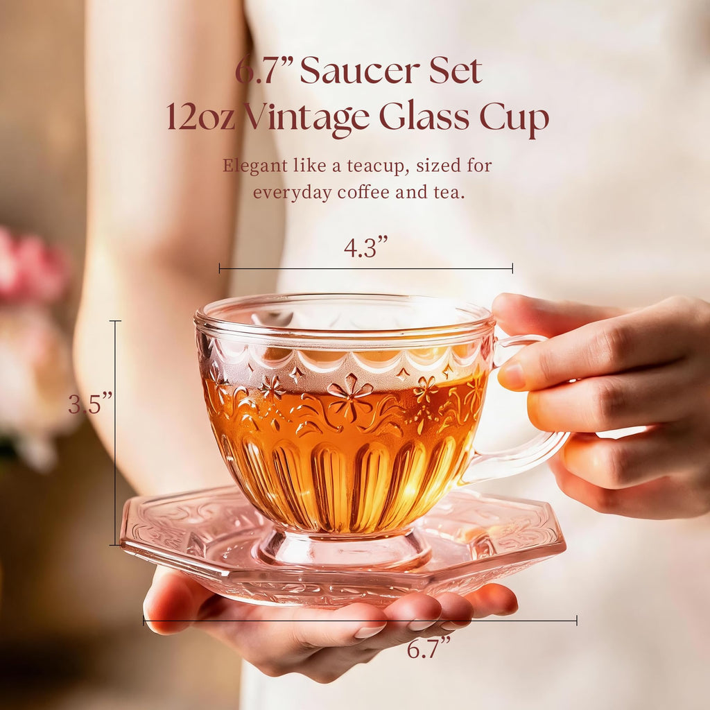 Vintage Glass Tea Cup and Saucer Set (Rose Mist)