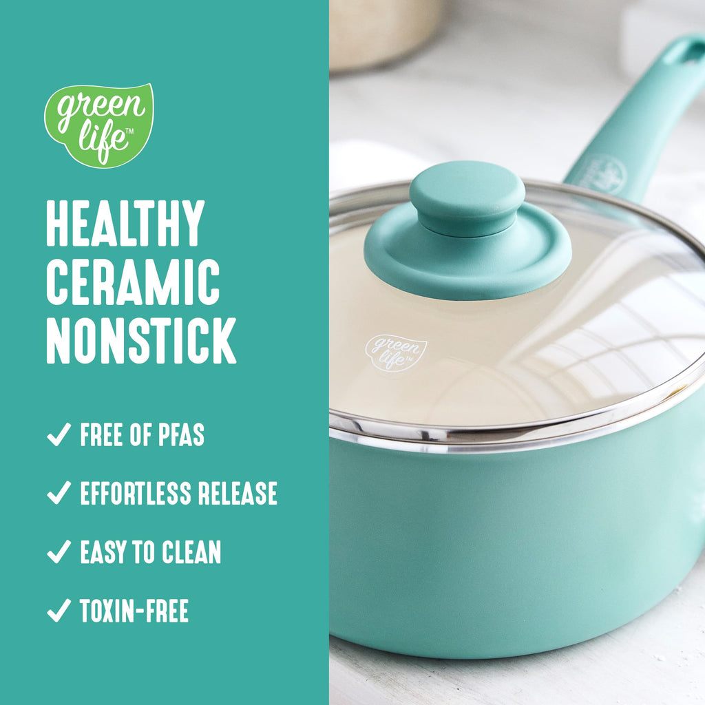 2.5QT Ceramic Nonstick Saucepan with Glass Lid (2.5 Quarts / Turquoise)