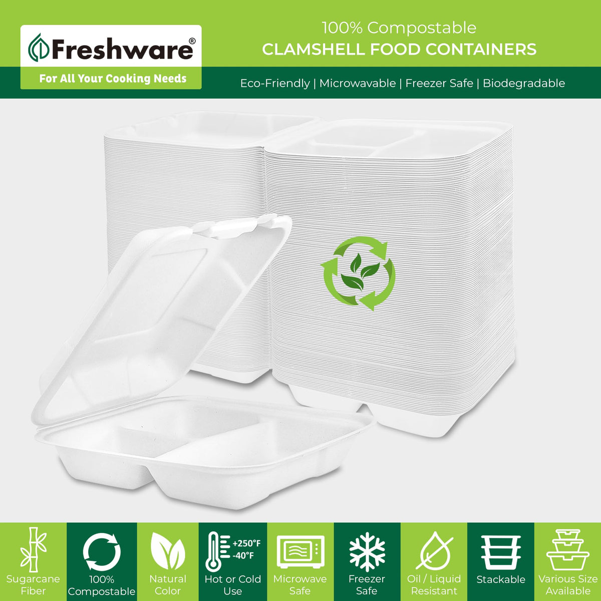 Clamshell Food Containers with Lids [9x9"] 3 (9 x 9 Inch, 50 Pack)