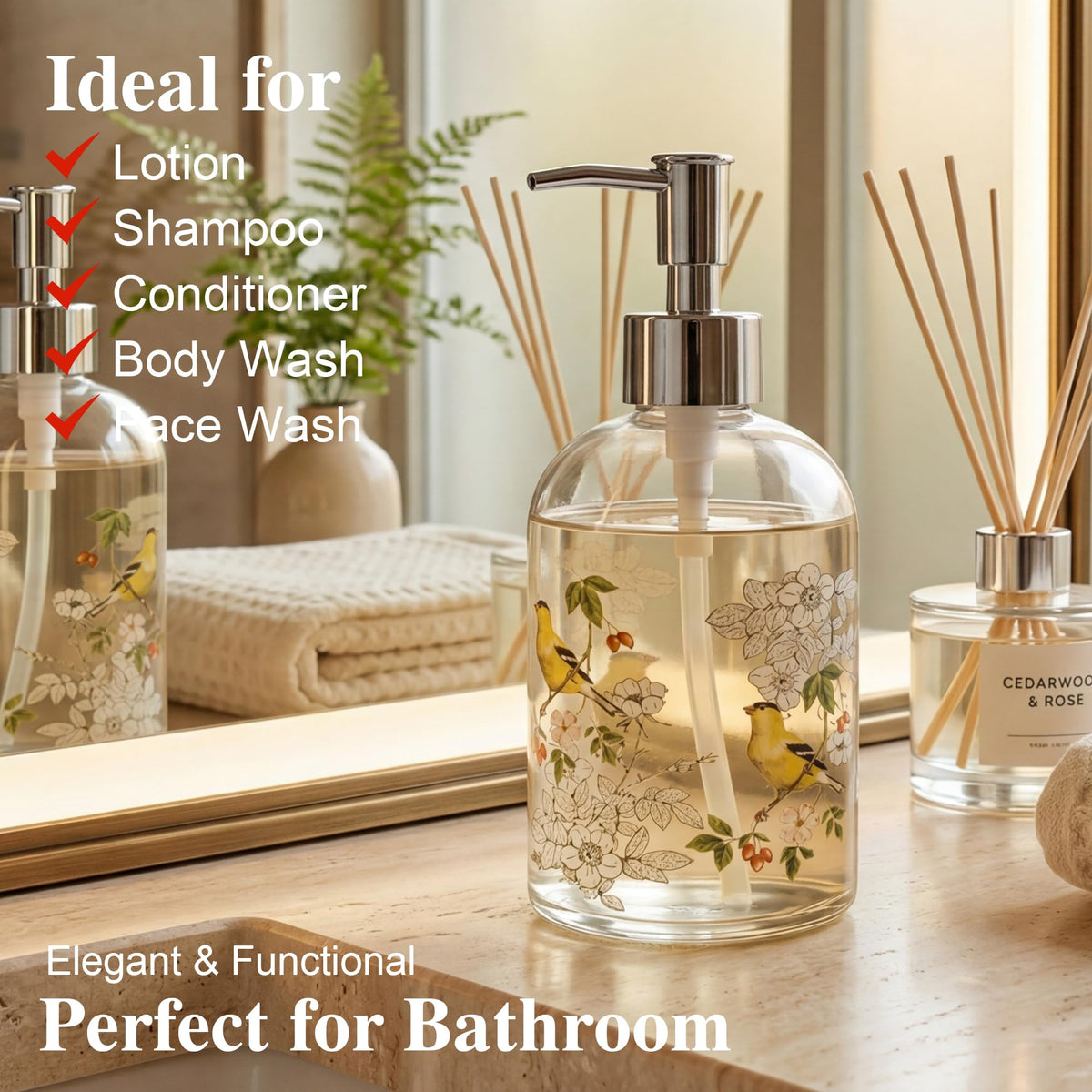 17oz Glass Soap Dispenser with Pump (Bird)