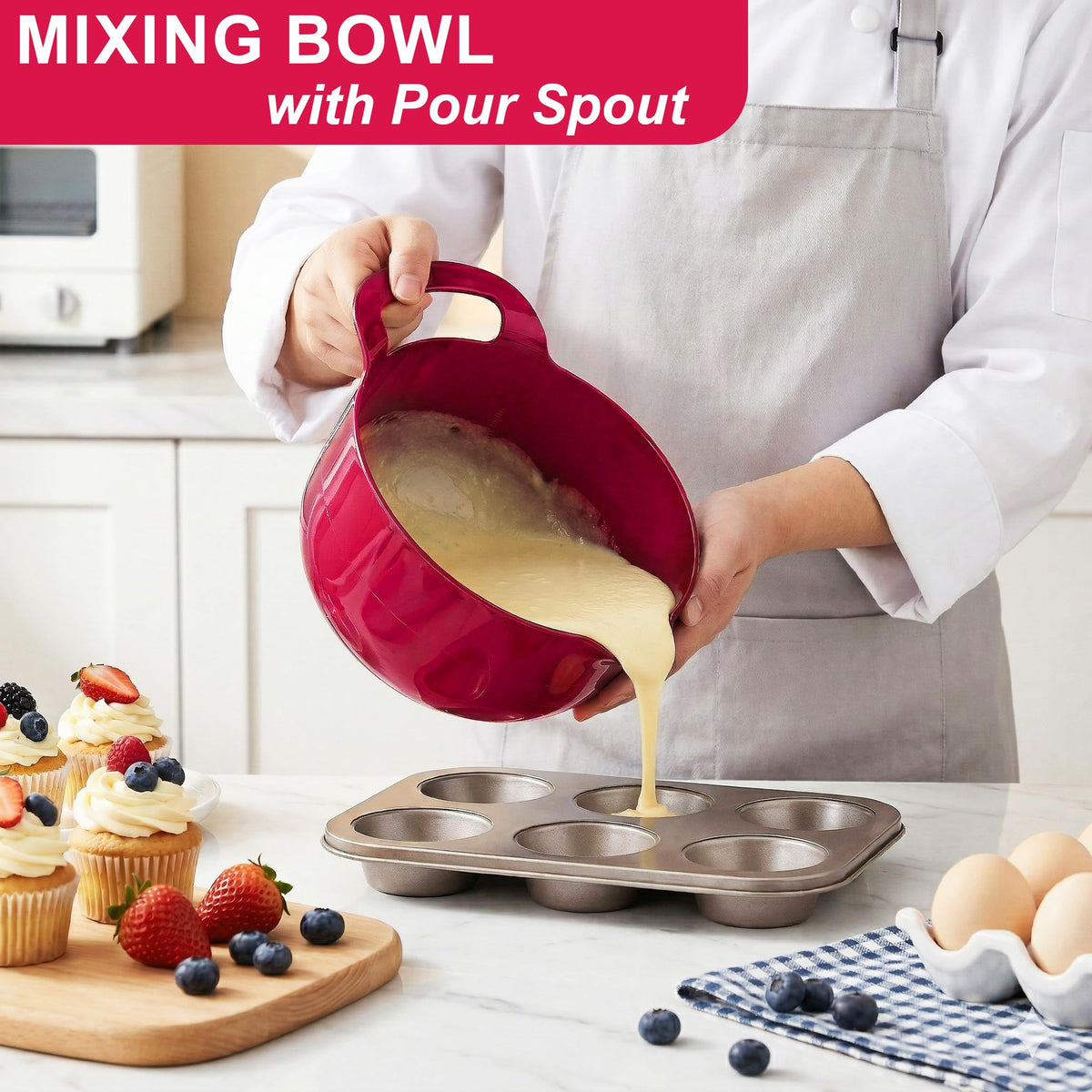 4 Pack Nesting Mixing Bowl Set with Pour Spout and Handle (Deep Carmine)