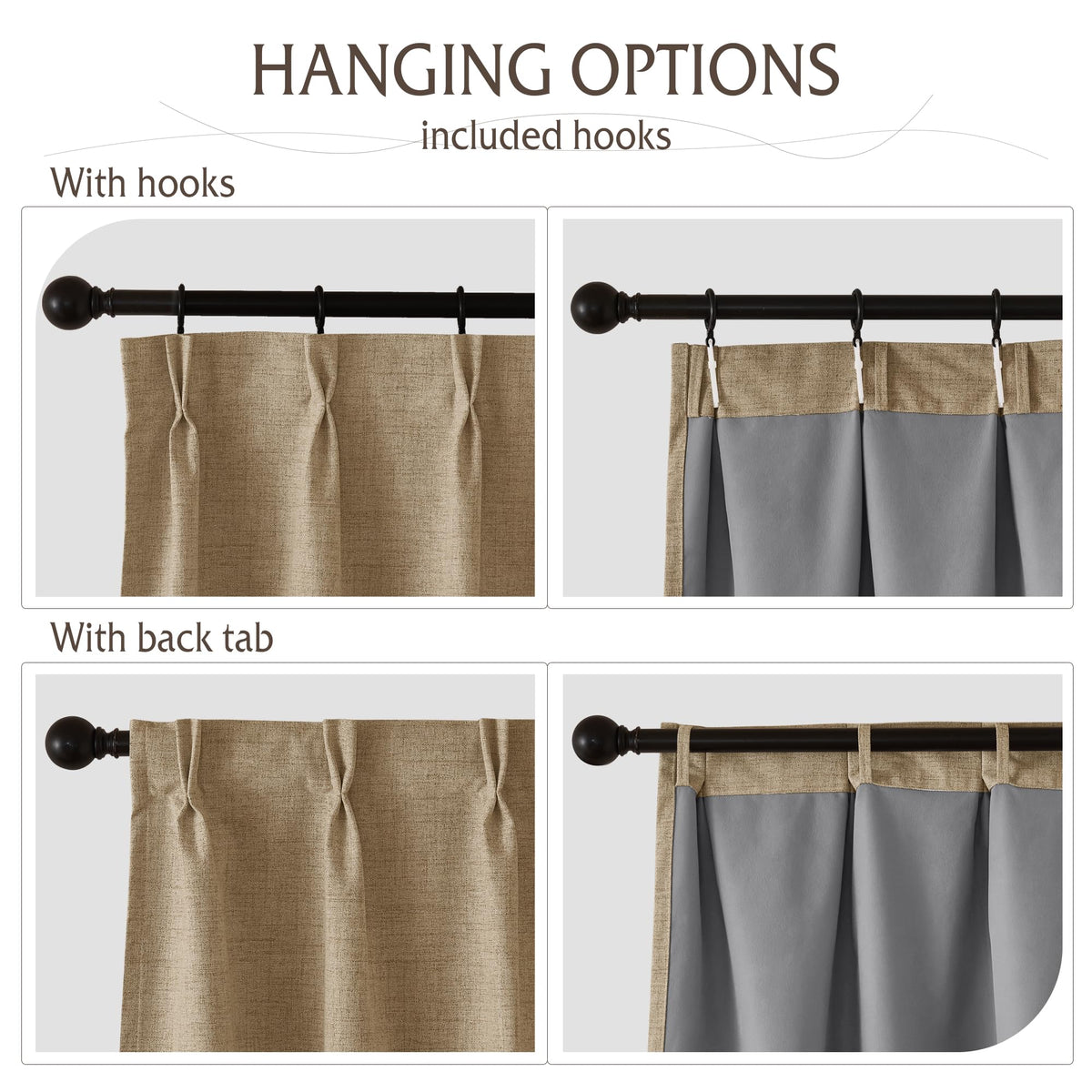 Pinch Pleated Back Tab Curtains Linen Textured 100% Blackout Curtains Thermal Insulated for Bedroom Living Room Bay Window Drapes (Burlap / 40"W x 90"L (Pack of 2))