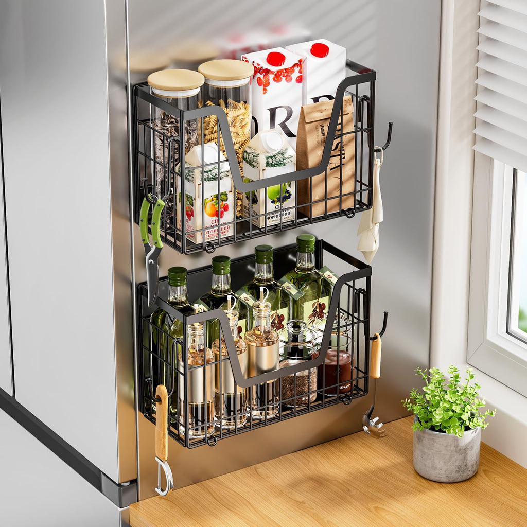 2 Pack Magnetic Shelf for Fridge (Black / 2)