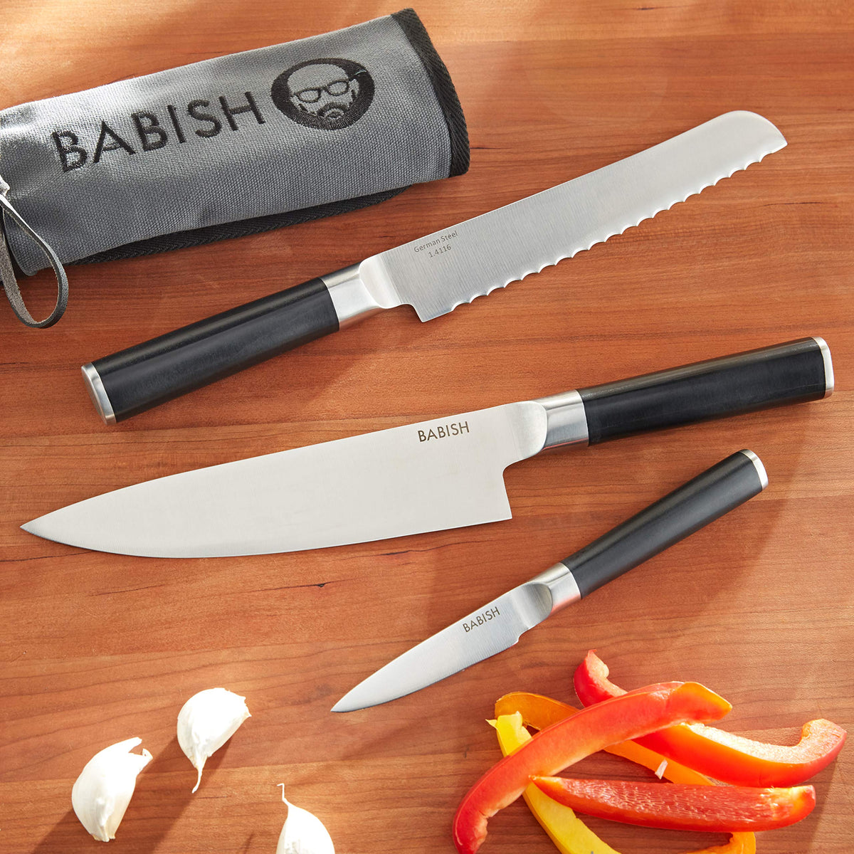 German High Carbon 1.4116 Steel Cutlery Knife Set (Stainless Blade/Black ABS Handle / 3-Piece w/Knife Roll)