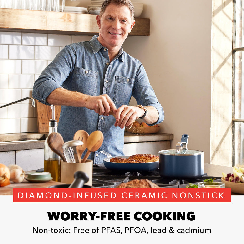 x Bobby Flay 13 Piece Nonstick Cookware Pots and Pans Set (13 Piece Cookware Set / Navy Blue)