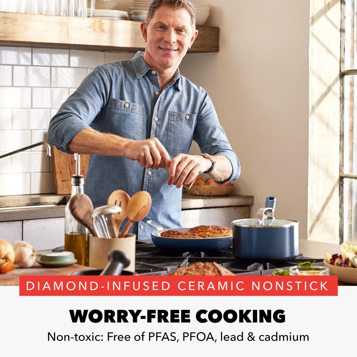 x Bobby Flay 13 Piece Nonstick Cookware Pots and Pans Set (13 Piece Cookware Set / Navy Blue)