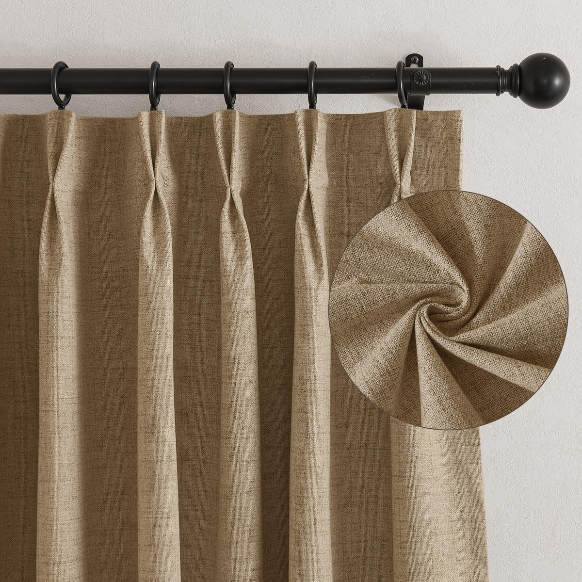 Pinch Pleated Back Tab Curtains Linen Textured 100% Blackout Curtains Thermal Insulated for Bedroom Living Room Bay Window Drapes (Burlap / 40"W x 90"L (Pack of 2))