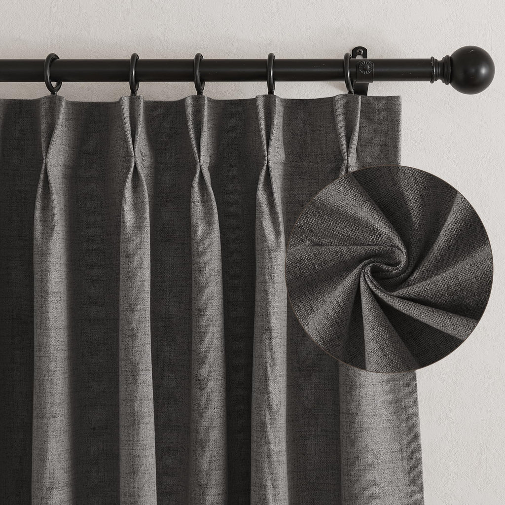Pinch Pleated Back Tab Curtains Linen Textured 100% Blackout Curtains Thermal Insulated for Bedroom Living Room Bay Window Drapes (Grey / 40"W x 90"L (Pack of 2))