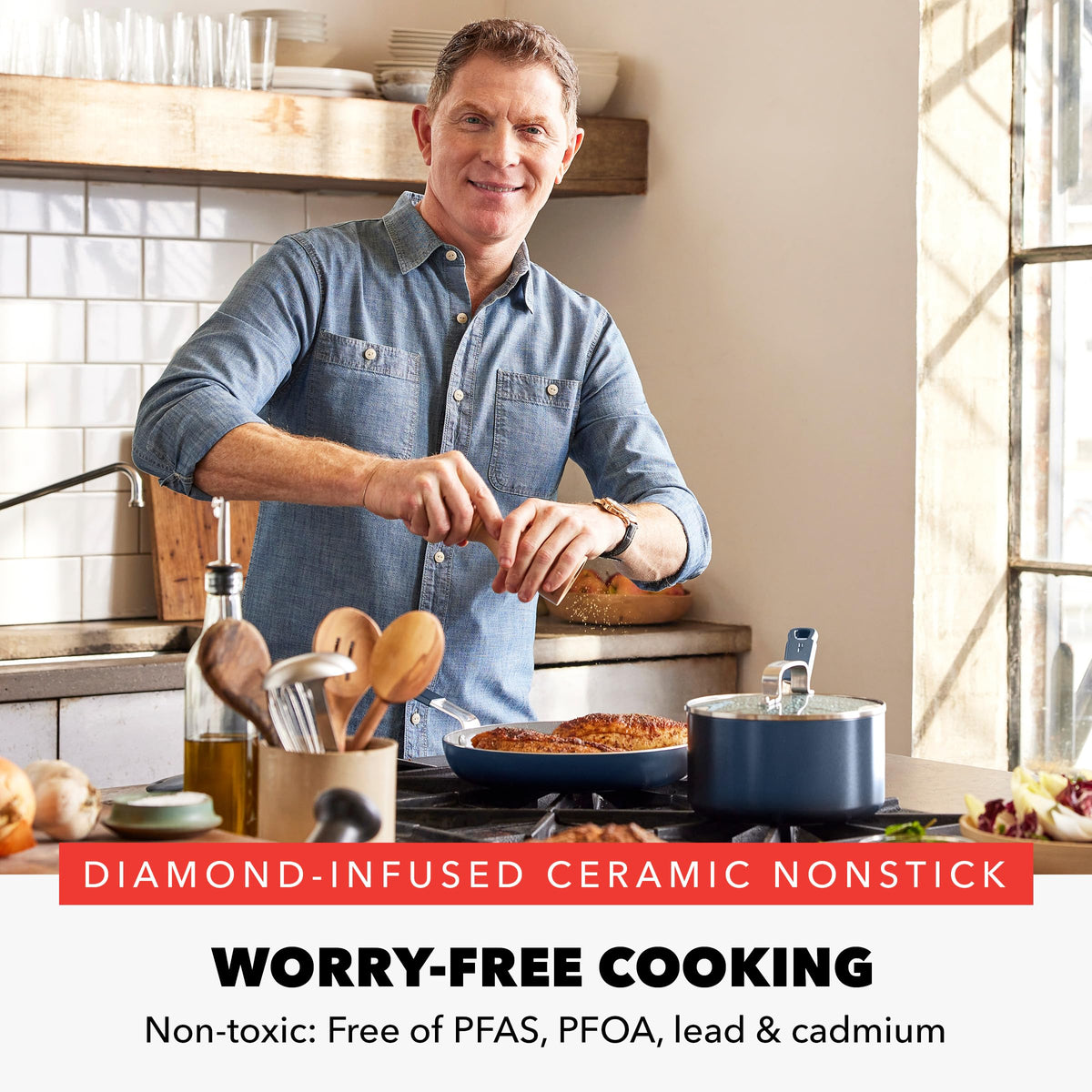 x Bobby Flay 2.5QT Ceramic Nonstick Saucepan with Lid (2.53QT Saucepan with Lid / Oxford Blue)